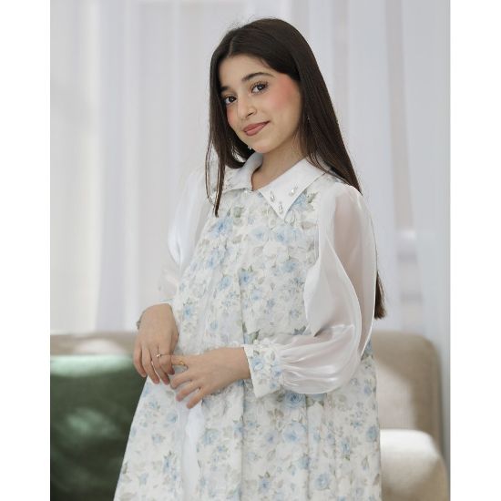 صورة طقم بناتي فستان وجاكيت مشجر سماوي بأكمام شفافة واكسسوار رقبة - M3825